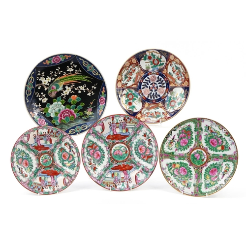 1325 - Five Chinese and Japanese porcelain plates including three Cantonese and an Imari example, the large... 