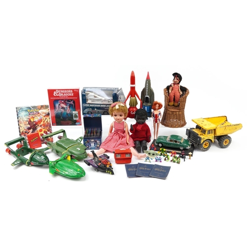 1692 - Vintage and alter toys including Thunderbirds vehicles, Pokemon cards, large Matchbox tinplate dumpe... 