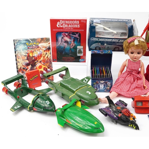 1692 - Vintage and alter toys including Thunderbirds vehicles, Pokemon cards, large Matchbox tinplate dumpe... 