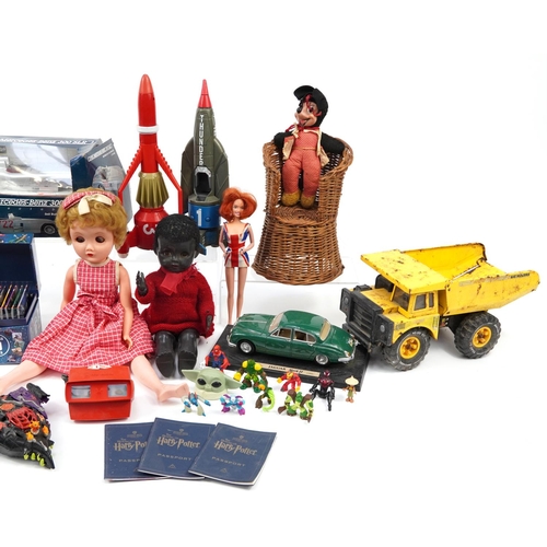 1692 - Vintage and alter toys including Thunderbirds vehicles, Pokemon cards, large Matchbox tinplate dumpe... 