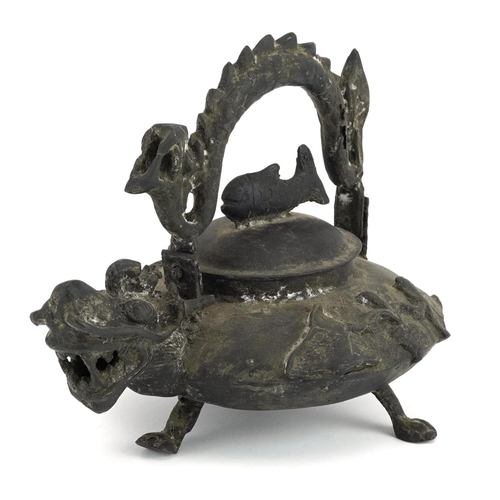 1358 - Chinese patinated metal dragon teapot with swing handle, 19cm in length