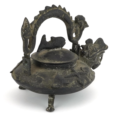 1358 - Chinese patinated metal dragon teapot with swing handle, 19cm in length