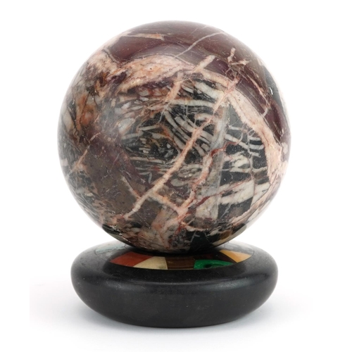 343 - Italian pietra dura stand and a marble ball, 11cm in diameter