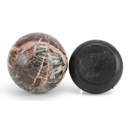 343 - Italian pietra dura stand and a marble ball, 11cm in diameter