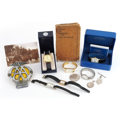 1285 - Sundry items including wristwatches, two silver fobs and an AA car badge