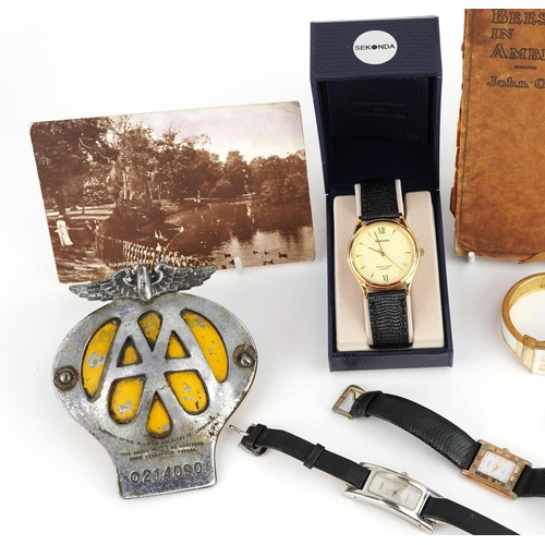 1285 - Sundry items including wristwatches, two silver fobs and an AA car badge