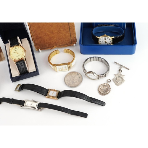 1285 - Sundry items including wristwatches, two silver fobs and an AA car badge