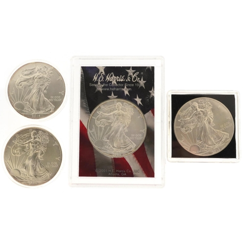 648 - Four United States of America one ounce fine silver Liberty dollars comprising dates 2008, 2013, 201... 