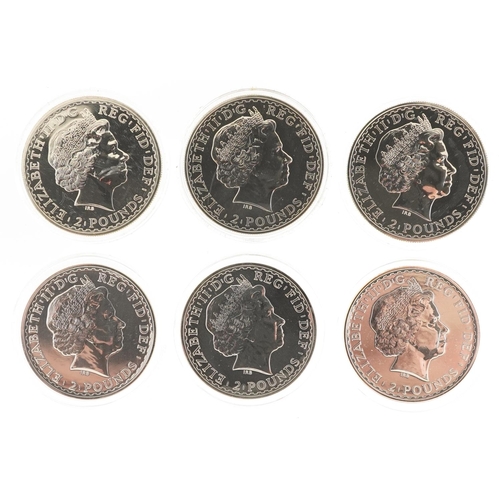 640 - Six Elizabeth II Britannia one ounce fine silver two pound coins, three with certificates, comprisin... 