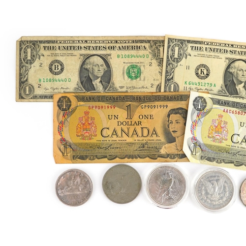 651 - American and Canadian coinage and banknotes, some silver including 1886 Morgan Dollar, 1922 Liberty ... 