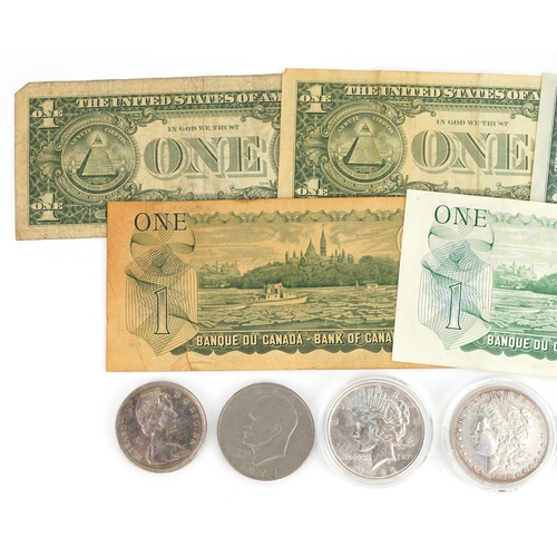 651 - American and Canadian coinage and banknotes, some silver including 1886 Morgan Dollar, 1922 Liberty ... 