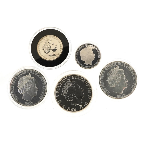 639 - Five Elizabeth II silver proof coins including Lion of England two ounce five pounds and two five po... 