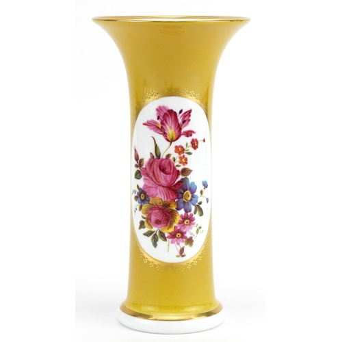 284 - Caverswall yellow ground porcelain trumpet vase hand painted with flowers, 19.5cm high