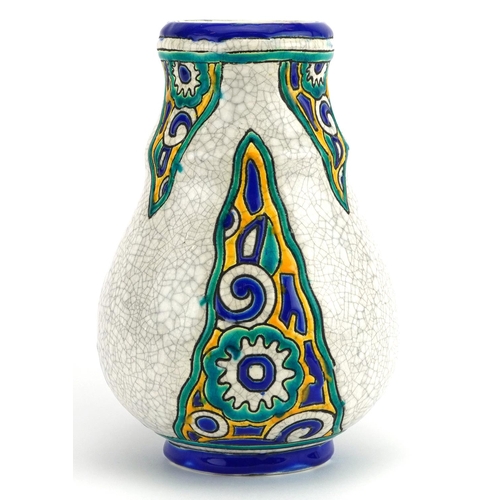 250 - Boch Freres, French Art Deco crackle glaze vase enamelled with stylised flowers, 19cm high