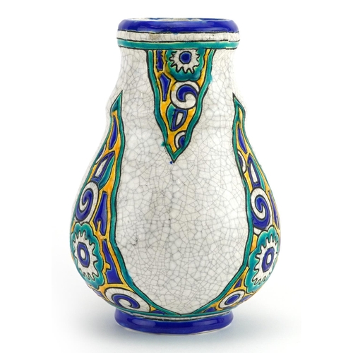 250 - Boch Freres, French Art Deco crackle glaze vase enamelled with stylised flowers, 19cm high