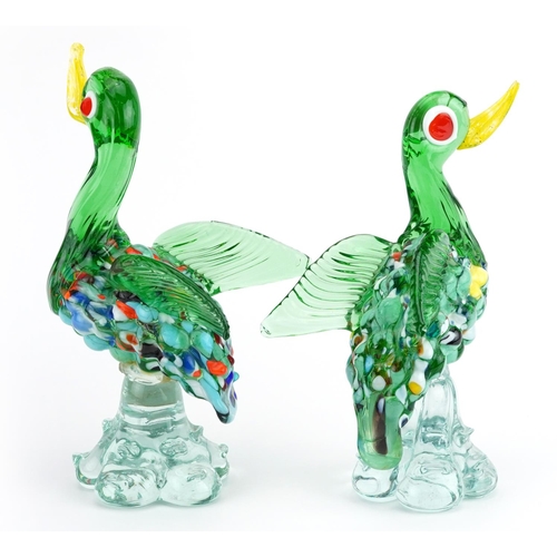 92 - Pair of Murano colourful glass birds with Murano paper labels, each 25.5cm high