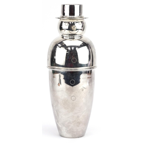 1326 - Novelty silver plated cocktail shaker in the form of a snowman, 26cm high