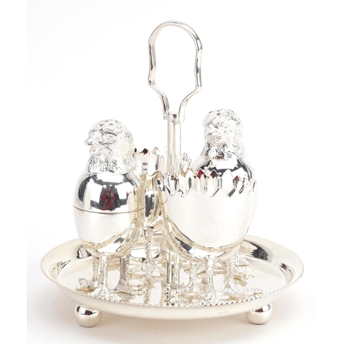 1286 - Novelty silver plated chick design four piece cruet on stand, 13.5cm high