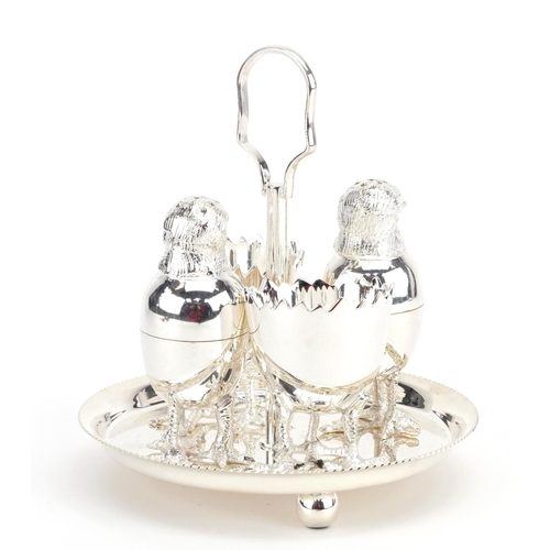 1286 - Novelty silver plated chick design four piece cruet on stand, 13.5cm high