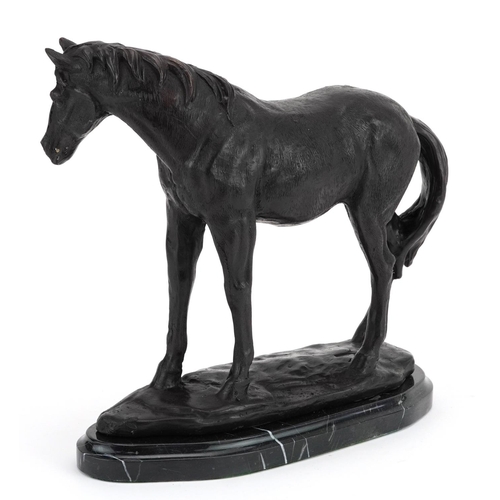 300 - Patinated bronze study of a horse raised on a shaped marble base, 27cm in length