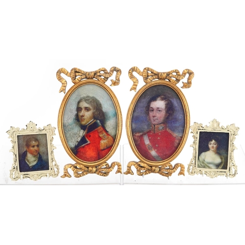 1304 - Four pairs of framed portrait miniatures including gentlemen in military dress, the largest overall ... 