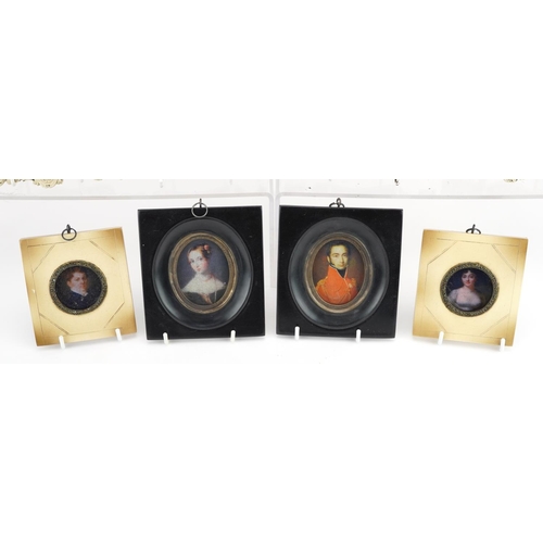 1304 - Four pairs of framed portrait miniatures including gentlemen in military dress, the largest overall ... 