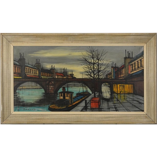 191 - Gerard - Canal scene with barge below a bridge, 1960s oil on canvas, mounted and framed, 80cm x 39cm... 