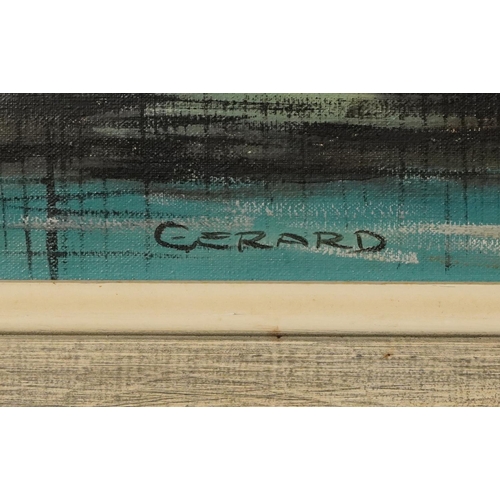 191 - Gerard - Canal scene with barge below a bridge, 1960s oil on canvas, mounted and framed, 80cm x 39cm... 