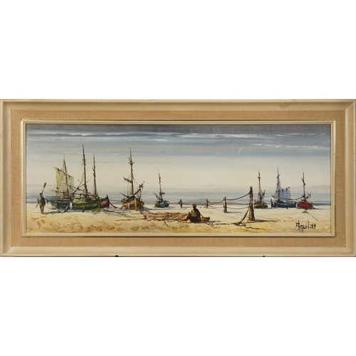 258 - Moored fishing boats and fishermen, impasto oil on board, indistinctly signed, mounted and framed, 9... 