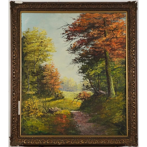 1293 - Autumn wooded landscape, oil on canvas board, mounted and framed, 60cm x 50cm excluding the mount an... 