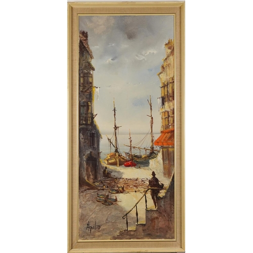 257 - Buildings before moored boats and fishermen, oil on canvas, indistinctly signed, mounted and framed,... 