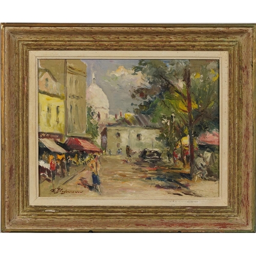 301 - Fedor P Blagonavrov - Street scene with figures, Russian Impressionist oil on canvas, mounted and fr... 