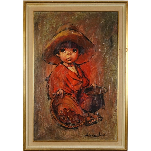 172 - Barry Leighton-Jones - Seated child wearing a hat, Impressionist oil on board, mounted and framed, 7... 