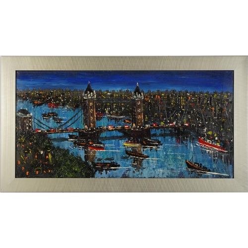 153 - Rodrio - Panoramic skyline, London Bridge, Impressionist oil on canvas, framed, 81cm x 40cm excludin... 