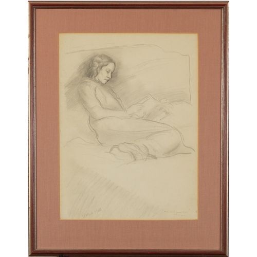 1713 - Clifford Hall - Reclining female reading, pencil, indistinctly inscribed and dated 20th January 1942... 