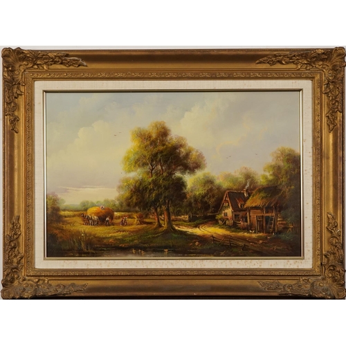 78 - Van Groot - Figures haymaking beside cottages, Dutch oil on board, mounted and framed, 59cm x 39cm e... 