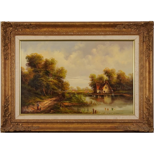 79 - Van Groot - Rural landscape with figure fishing, Dutch oil on board, mounted and framed, 59cm x 39cm... 