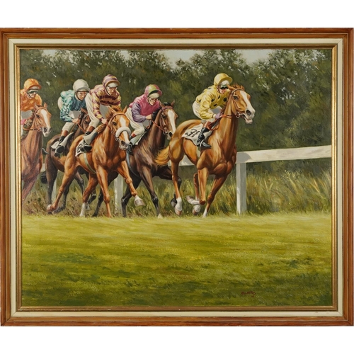 21 - Roy Miller 1974 - Early leaders, horseracing interest oil on canvas, details verso, mounted and fram... 