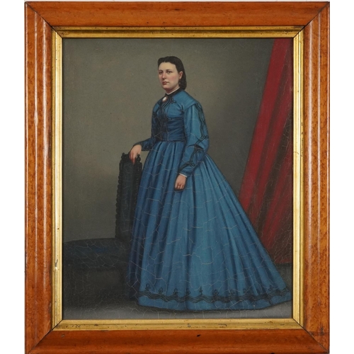 60 - Full length portrait of a female wearing a blue dress, mid 19th century oil on canvas, glazed, house... 