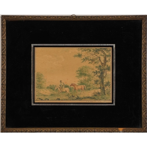 285 - Figure on horseback before a landscape, early 19th century watercolour, indistinctly inscribed and d... 