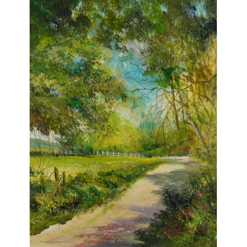 1707 - Derek C Baulcombe 2012 - Wooded landscape with pathway, oil, inscribed verso, exhibited at Eastbourn... 