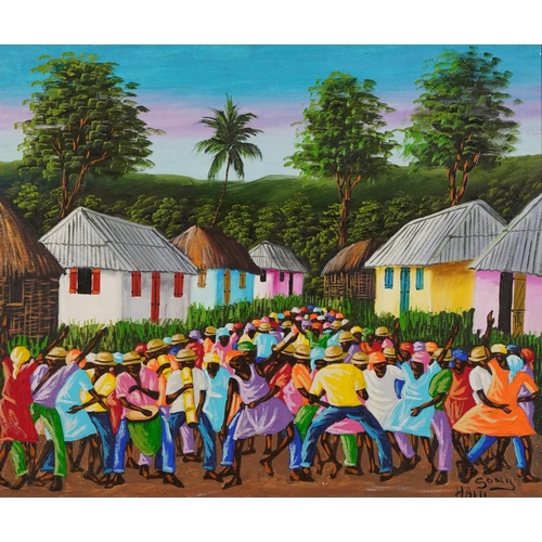 1339 - Pierre Sony - Figures dancing before trees, Haitian folk art oil on canvas, framed, 60cm x 50cm excl... 