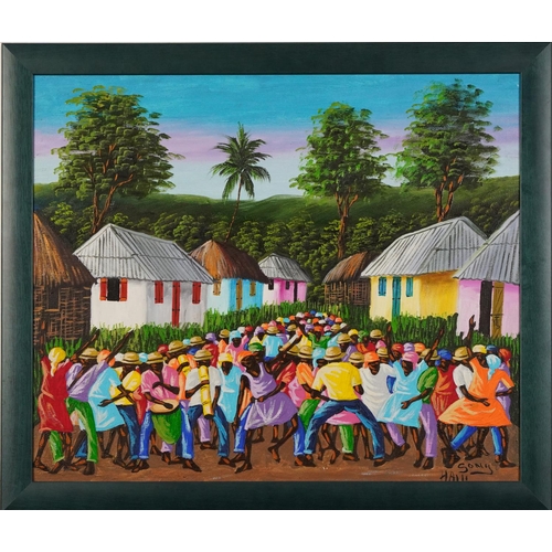 1339 - Pierre Sony - Figures dancing before trees, Haitian folk art oil on canvas, framed, 60cm x 50cm excl... 