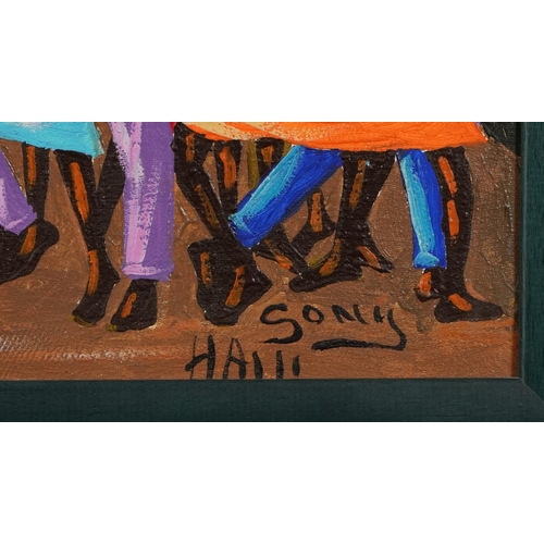 1339 - Pierre Sony - Figures dancing before trees, Haitian folk art oil on canvas, framed, 60cm x 50cm excl... 