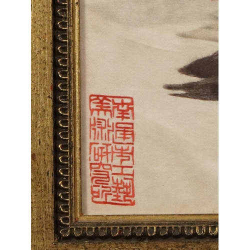 138 - Child and pigeons, Chinese silk embroidery with character marks and red seal marks, framed and glaze... 