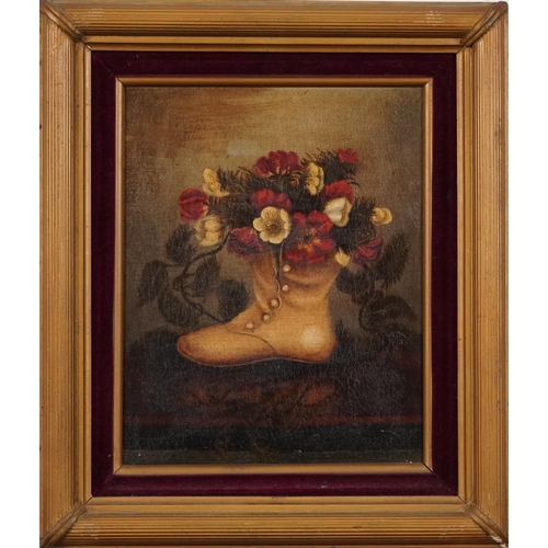 397 - Still life flowers in a boot, 19th century oil on canvas, mounted and framed, 24cm x 19cm excluding ... 