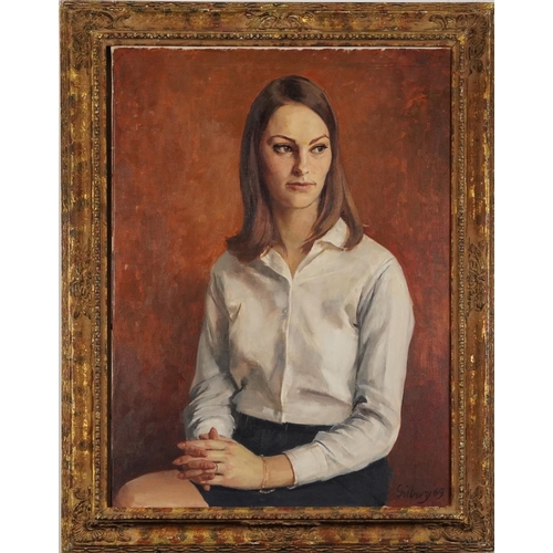 37 - Michael Gilbery 1969 - Portrait of a seated female, Royal Society of Portrait Painters inscribed lab... 