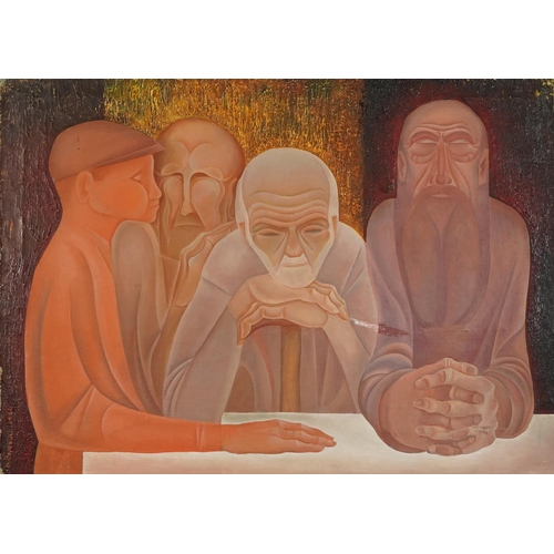 1362 - Four figures, 1960s Russian school oil on canvas, indistinctly signed, possibly H Bopo...?, unframed... 