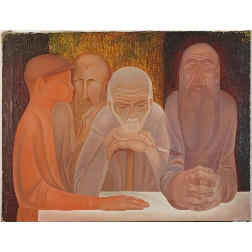 1362 - Four figures, 1960s Russian school oil on canvas, indistinctly signed, possibly H Bopo...?, unframed... 