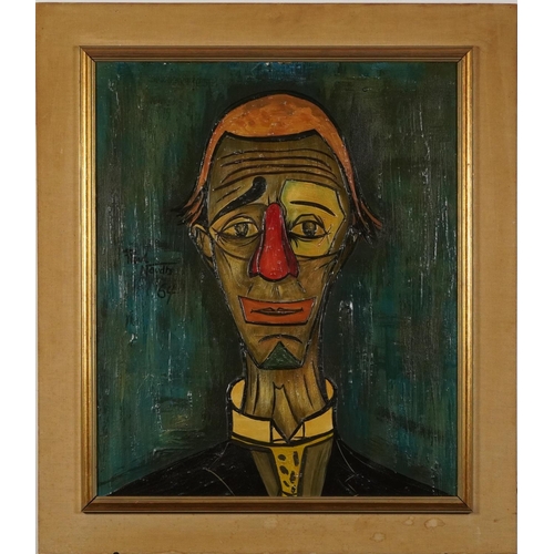 127 - Manner of Bernard Buffet - Head and shoulders portrait of a clown, 1960s oil on board, mounted and f... 